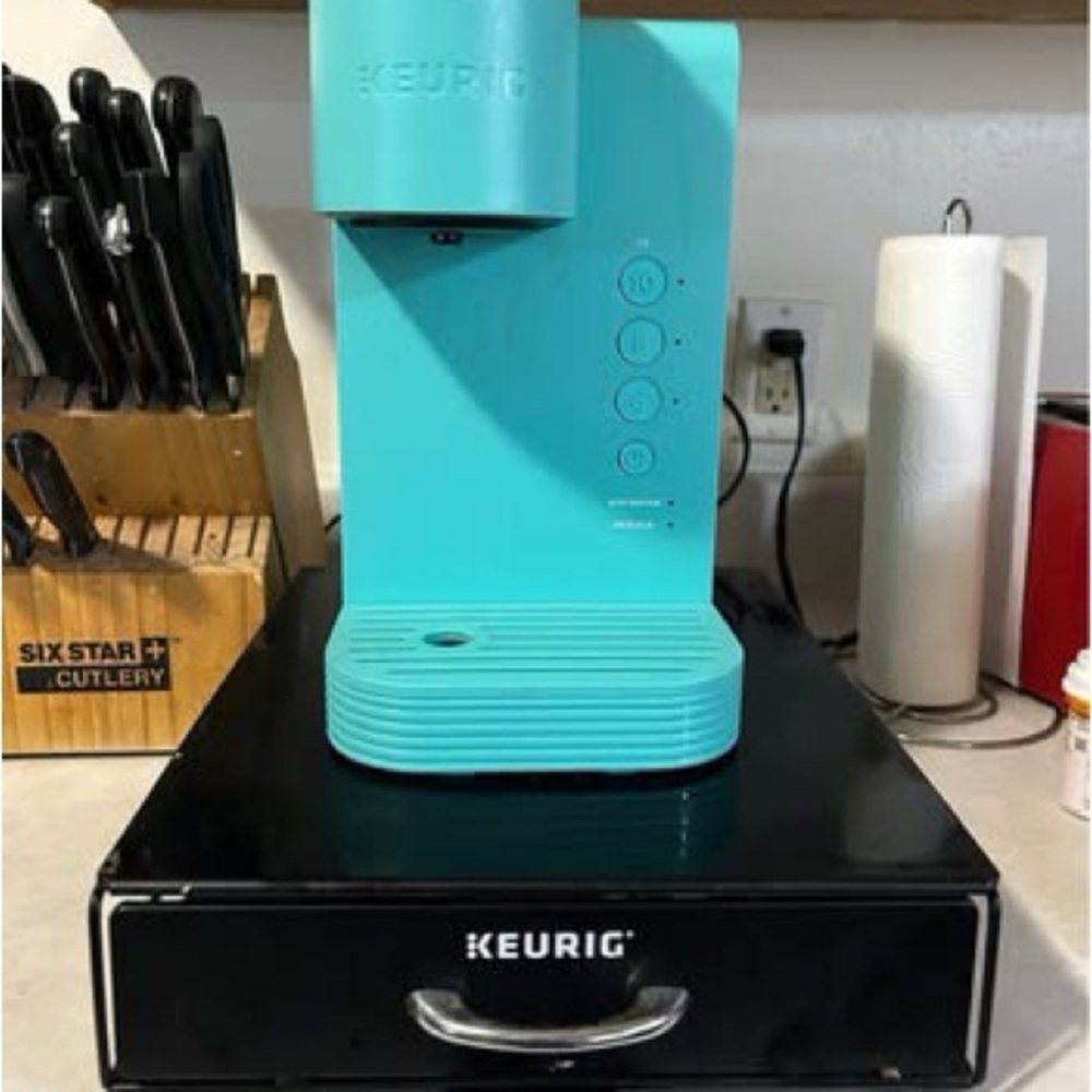 Teal Keurig and pod storage drawer